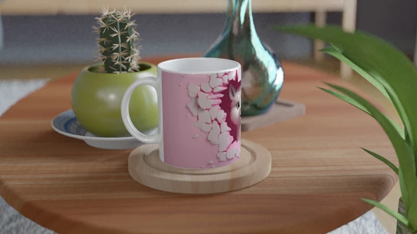 Pembe Duvarı Yırtan Sevimli Lama Temalı Baskılı Kupa Bardak - Resim 4