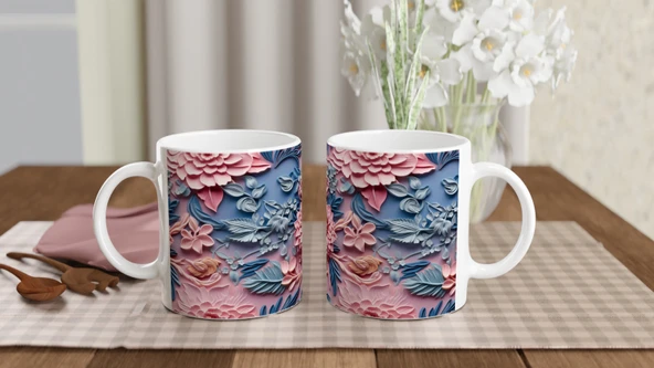 Pembe ve Mavi Geçişli Rölyef Çiçekli Kupa Bardak - Resim 5