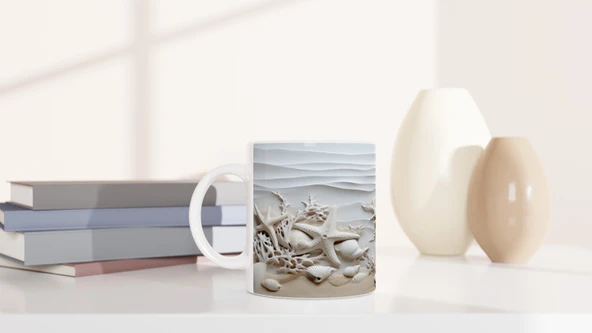 Mercan Dalgaları ve Beyaz Kabuklu Su Altı Temalı Kupa Bardak - 6