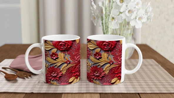 Altın Yapraklı Kırmızı Rölyef Çiçek Desenli Kupa Bardak - 5