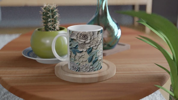 Pastel Mavi ve Krem Çiçekli Kupa Bardak - Resim 4