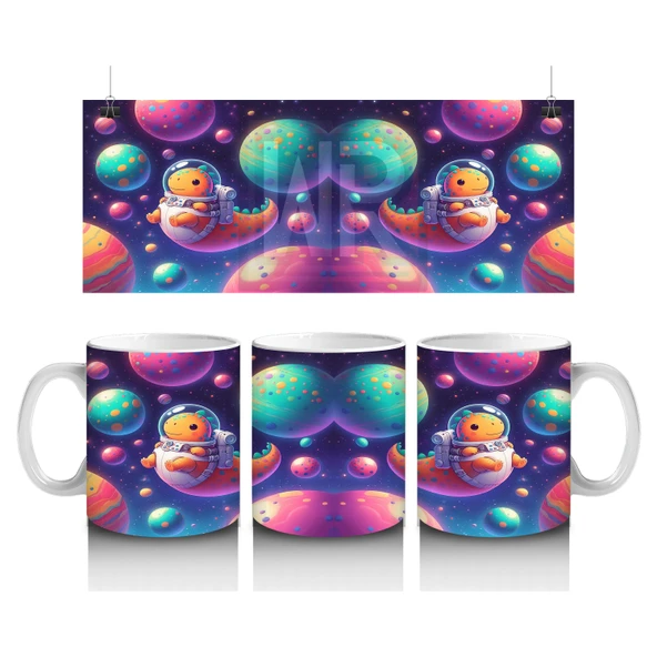 Çocuklara Sütü Sevdiren Astronot Dinozor ve Renkli Gezegenler Desenli Kupa Bardak ürün görseli 1