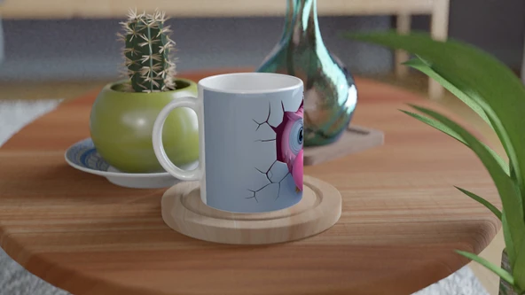 Pembe Kalp Tutan Baykuş Temalı Baskılı Kupa Bardak - Resim 4