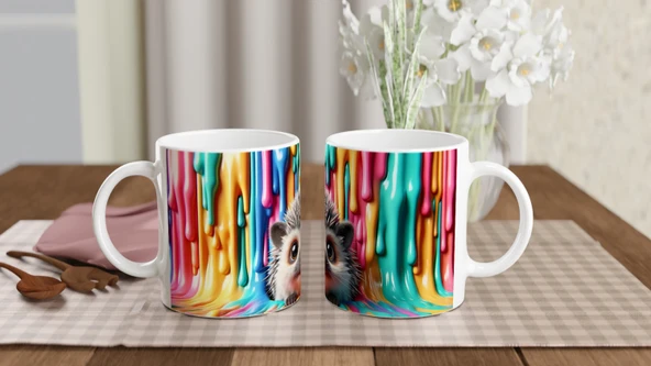 Renk Dalgası Arasından Bakan Kirpi Temalı Baskılı Kupa Bardak - Resim 5