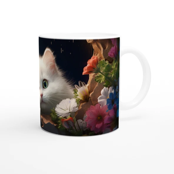 Gece Bahçesinde Parlayan Gözlü Beyaz Kedi Baskılı Kupa Bardak - Resim 3