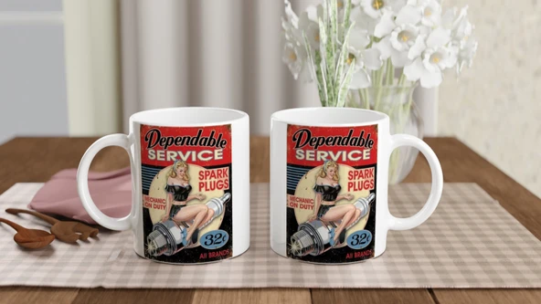 Pin-Up Bujili Retro Garaj Temalı Kupa Bardak - Resim 5