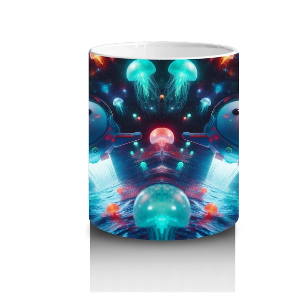 Çocuklara Sütü Sevdiren Işık Saçan Denizaltı Roketleri ve Denizanası Dünyası Desenli Kupa Bardak - 3