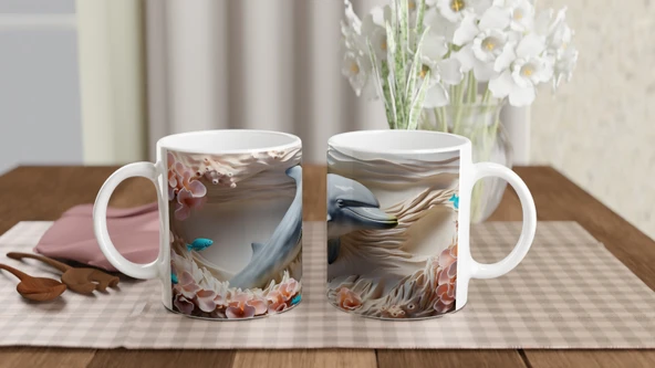 Mercan Dalgaları Arasında Gülümseyen Yunus Temalı Kupa Bardak - Resim 5