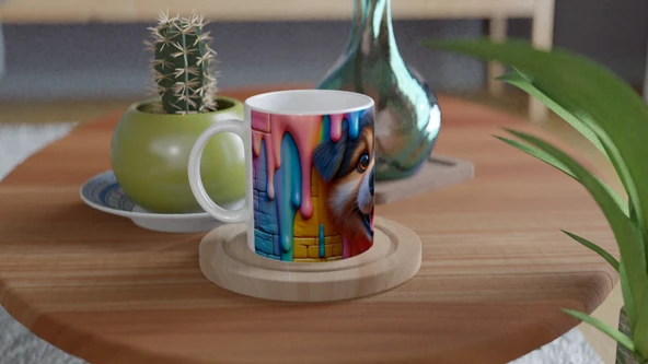 Renkli Damlayan Duvar ve Neşeli Köpek Temalı Baskılı Kupa Bardak - Resim 3