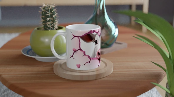 Gülümseyen İnek ve Kalpli Çatlak Duvar Temalı Baskılı Kupa Bardak - Resim 4