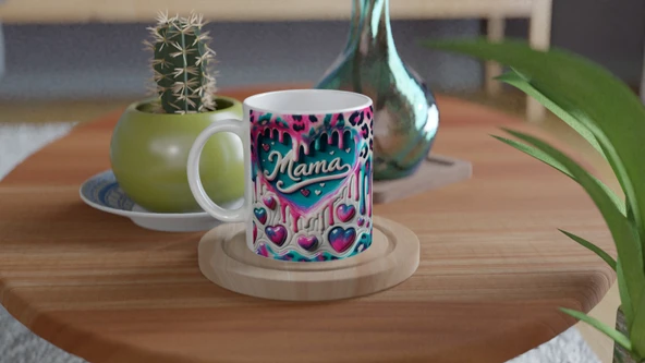 Mama Yazılı Leopar Desenli Kalpli Anneler Günü Kupa Bardak - Resim 4