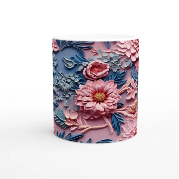 Pembe ve Mavi Geçişli Rölyef Çiçekli Kupa Bardak - Resim 2