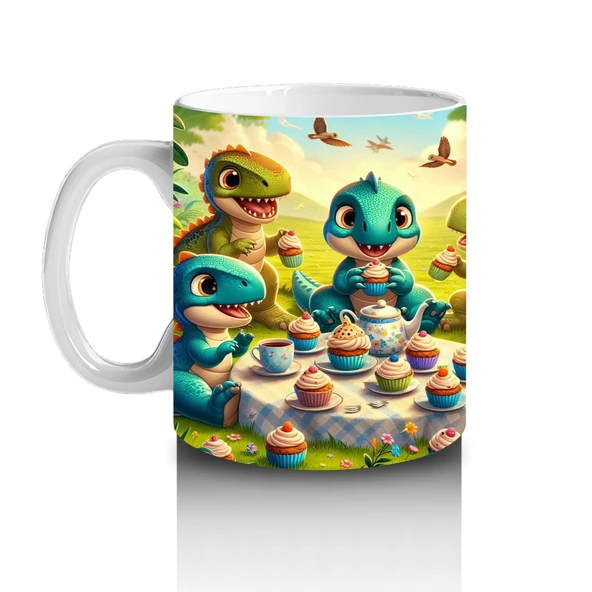 Çocuklara Sütü Sevdiren Cupcake Partisi Yapan Sevimli Dinozorlar Desenli Kupa Bardak - 2