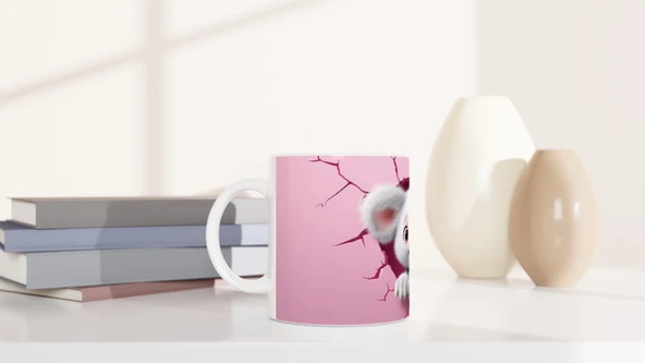 Pembe Duvarı Yırtarak Bakan Sevimli Koala Temalı Baskılı Kupa Bardak - Resim 6