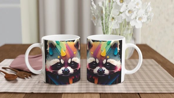 Renk Patlamalı Rakun Baskılı Kupa Bardak - 5