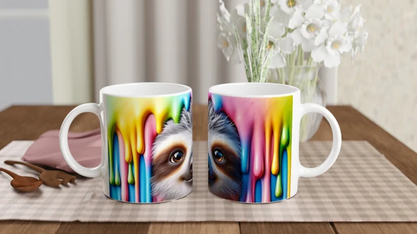 Renkli Damlalar Arasında Gülümseyen Tembel Hayvan Temalı Baskılı Kupa Bardak-2 - Resim 5