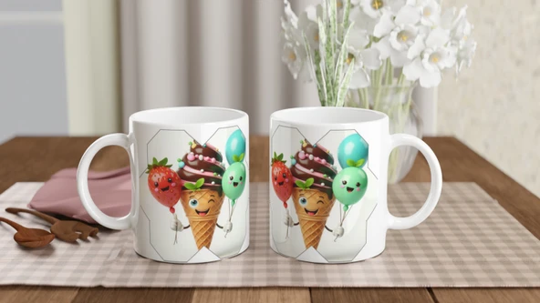 Neşeli Dondurma ve Balonlar Temalı Çocuklara Özel Baskılı Kupa Bardak - Resim 5