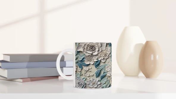 Pastel Mavi ve Krem Çiçekli Kupa Bardak - Resim 6