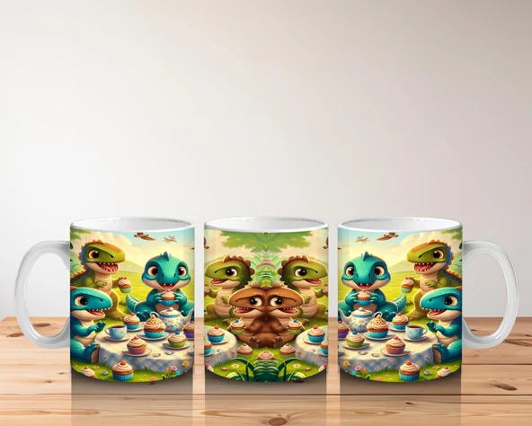 Çocuklara Sütü Sevdiren Cupcake Partisi Yapan Sevimli Dinozorlar Desenli Kupa Bardak - 5