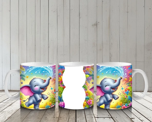 Çocuklara Sütü Sevdiren Çiçekler Arasında Su Sıçratan Neşeli Fil Desenli Kupa Bardak - 6