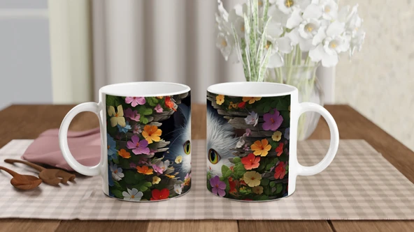 Renkli Çiçeklerle Çevrili Meraklı Kedi Baskılı Kupa Bardak - Resim 5