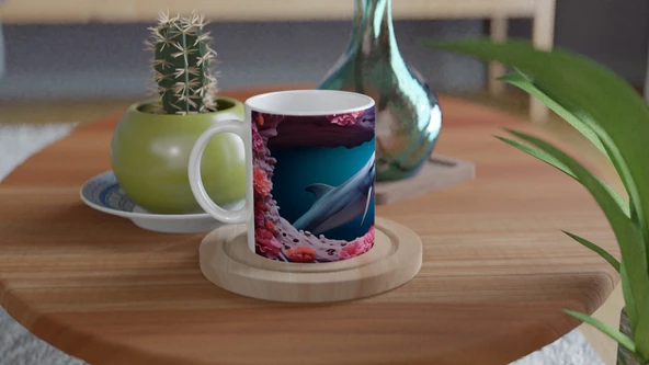 Mercanlar Arasında Yüzen Yunus Su Altı Temalı Kupa Bardak - Resim 4