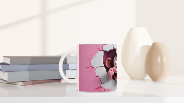 Çatlak Duvardan Bakan Sevimli Maymun Temalı Baskılı Kupa Bardak - Resim 6