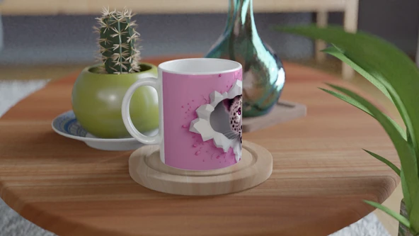 Pembe Gözlü Kar Leoparı Temalı Baskılı Kupa Bardak - Resim 4