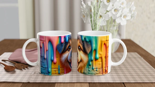 Renkli Damlayan Duvar ve Neşeli Köpek Temalı Baskılı Kupa Bardak - Resim 4