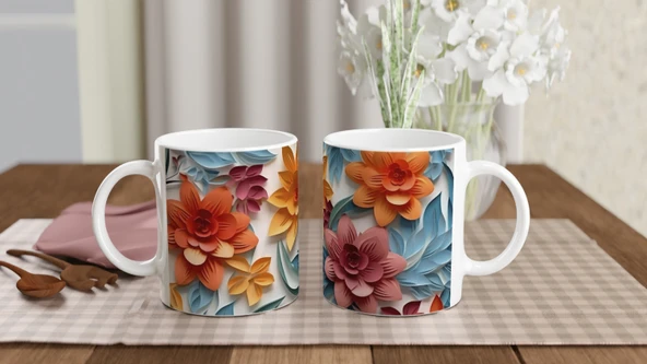 Pastel Kesitli Canlı Çiçek Desenli Kupa Bardak - Resim 5