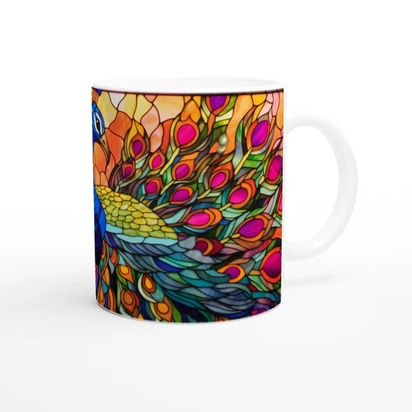 Gökkuşağı Kanatlı Tavus Kuşu Vitray Desenli Baskılı Kupa Bardak - 2 - Resim 3