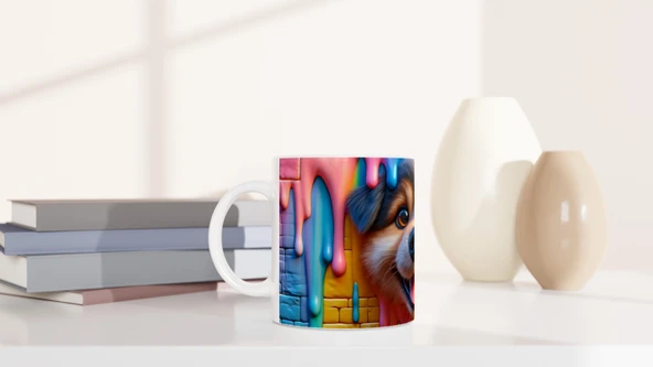 Renkli Damlayan Duvar ve Neşeli Köpek Temalı Baskılı Kupa Bardak - Resim 5