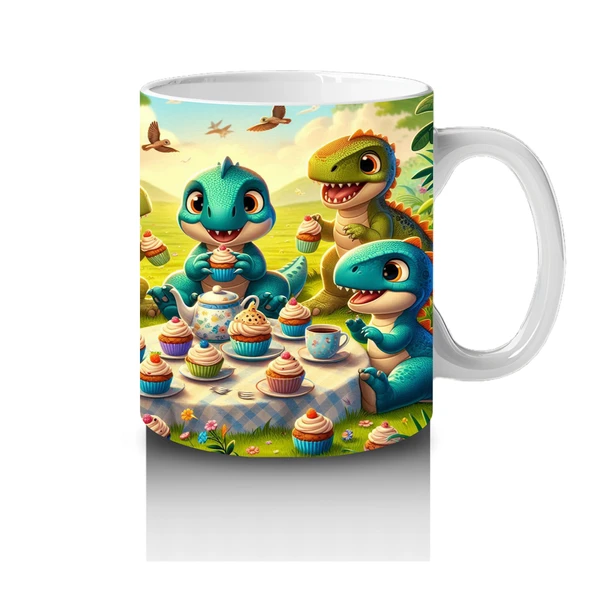 Çocuklara Sütü Sevdiren Cupcake Partisi Yapan Sevimli Dinozorlar Desenli Kupa Bardak - 4