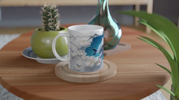 Neşeli Yunus ve Beyaz Çiçekler Su Altı Temalı Kupa Bardak - Resim 4