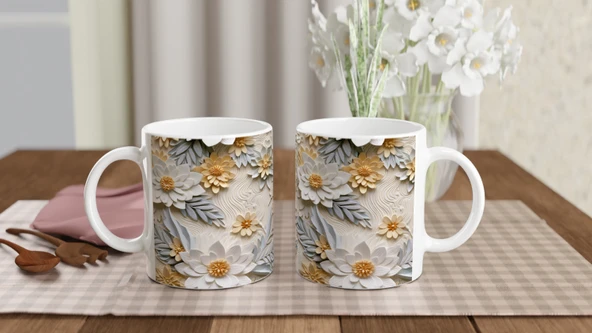 Pastel Zarafetinde Rölyef Çiçekli Kupa Bardak - Resim 5