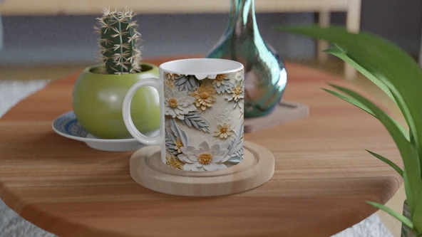 Pastel Zarafetinde Rölyef Çiçekli Kupa Bardak - Resim 4