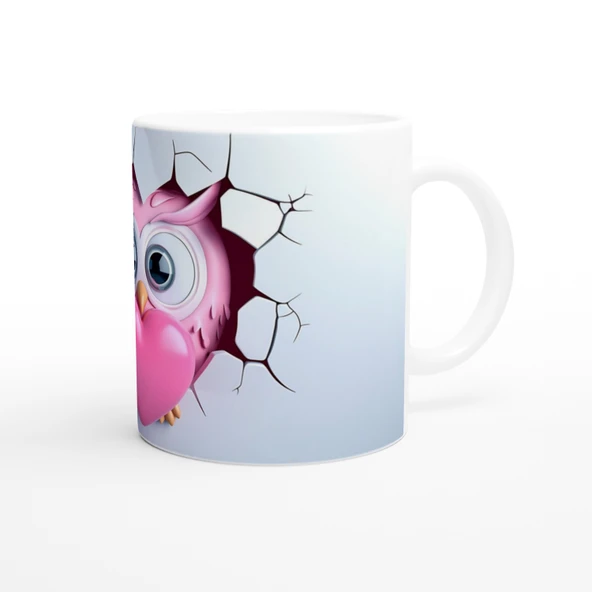 Pembe Kalp Tutan Baykuş Temalı Baskılı Kupa Bardak - Resim 3