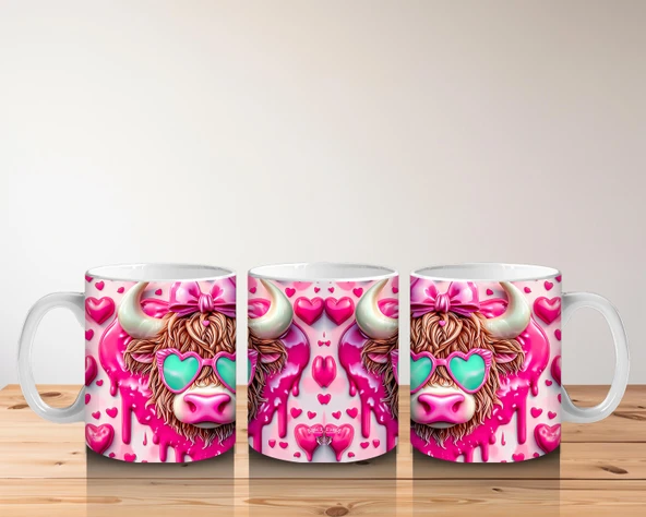 Çocuklara Sütü Sevdiren Kalpli Gözlüklü Pembe Fiyonklu İnek Desenli Kupa Bardak - 5