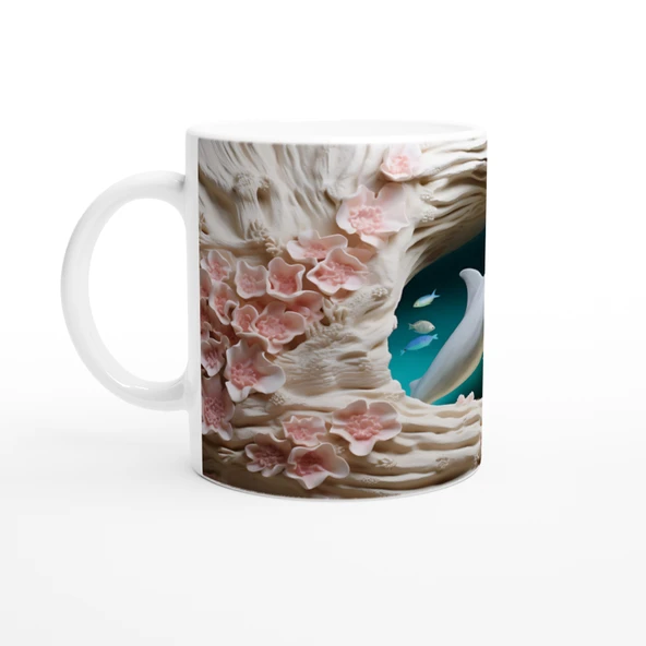 Mercan Çiçekleri Arasında Yüzen Sevimli Yunus Temalı Kupa Bardak - Resim 2