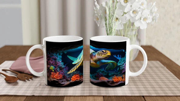 Mercan Mağarasında Yüzen Deniz Kaplumbağası Kupa Bardak - 5