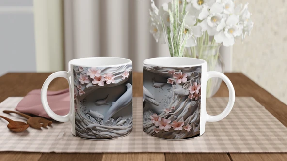 Mercan Çiçekleri Arasında Yüzen Yunus Temalı Kupa Bardak - Resim 5