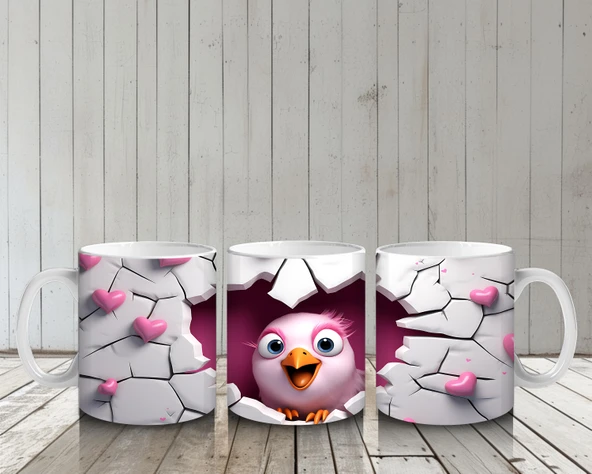 Çocuklara Sütü Sevdiren Kalp Çatlağından Bakan Pembeli Kuş Kupa Bardak - 6