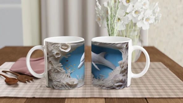 Mercan Ormanında Yüzen Yunus Temalı Su Altı Kupa Bardak - Resim 5