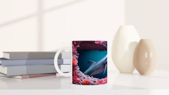 Mercanlar Arasında Yüzen Yunus Su Altı Temalı Kupa Bardak - Resim 6