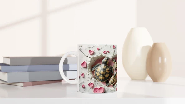 Pembe Kalpler Arasında Yürüyen Kaplumbağa Ailesi Temalı Baskılı Kupa Bardak - Resim 6