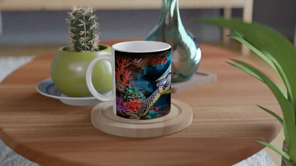 Mercan Kayalıklarında Renkli Deniz Kaplumbağası Kupa Bardak - Resim 4