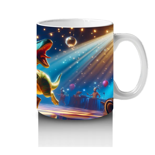 Çocuklara Sütü Sevdiren Disko Topu Altında Dans Eden Dinozor Desenli Kupa Bardak - 4