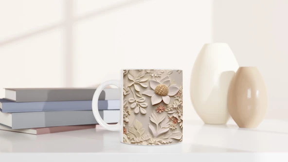 Pudra Detaylı Zarif Kabartmalı Çiçek Kupa Bardak - Resim 6