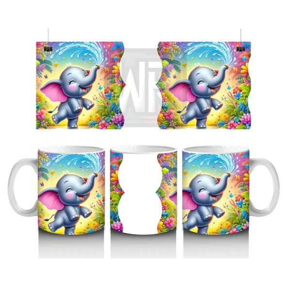 Çocuklara Sütü Sevdiren Çiçekler Arasında Su Sıçratan Neşeli Fil Desenli Kupa Bardak