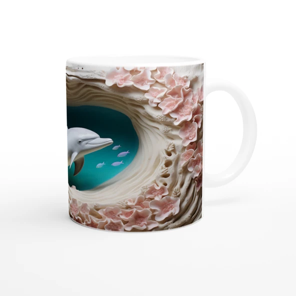 Mercan Çiçekleri Arasında Yüzen Sevimli Yunus Temalı Kupa Bardak - Resim 3